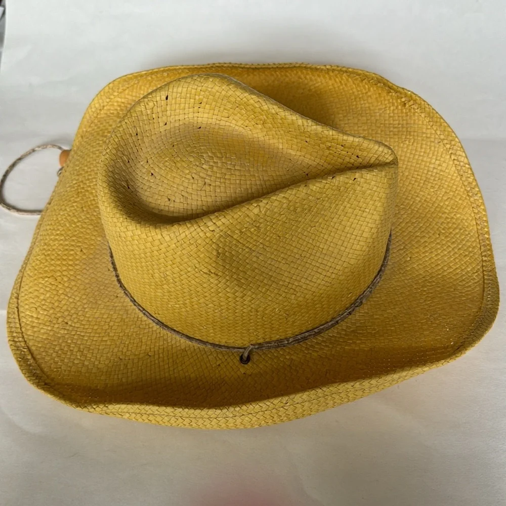AUGUST Yellow Paper Straw Western Fedora Hat Elastic Band Cord String NWOT $75